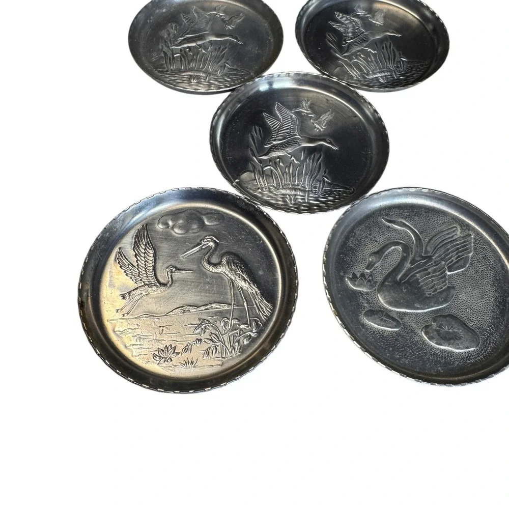 Vintage Pewter Coasters‎ Set of 7 Birds Geese Duck Crane Swan Embossed Drinkware